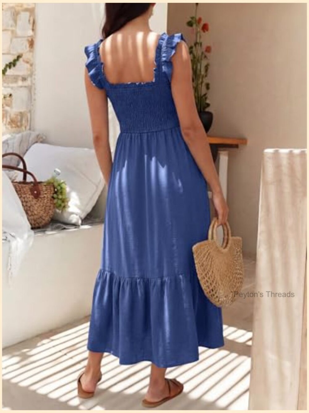 Womens Summer Casual Maxi Dress Ruffle Spaghetti Strap Smocked Long Dress - Picture 6 of 7